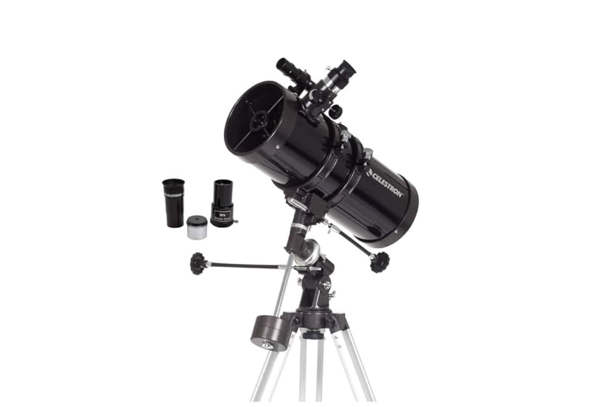 Celestron PowerSeeker 127EQ telescope with equatorial mount on tripod, showing the compact Bird-Jones optical tube design
