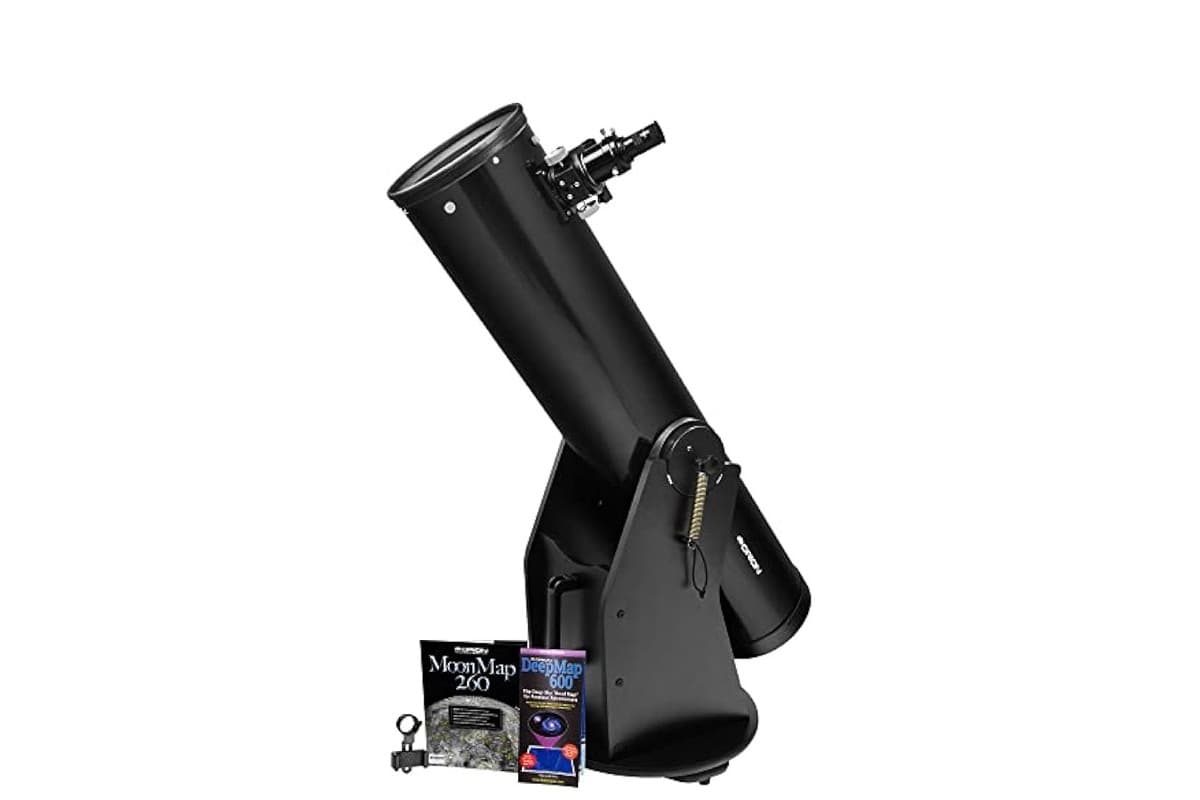 Orion SkyQuest XT8 Dobsonian telescope with black tube and rocker box mount, including star charts and accessories - complete 8-inch telescope package