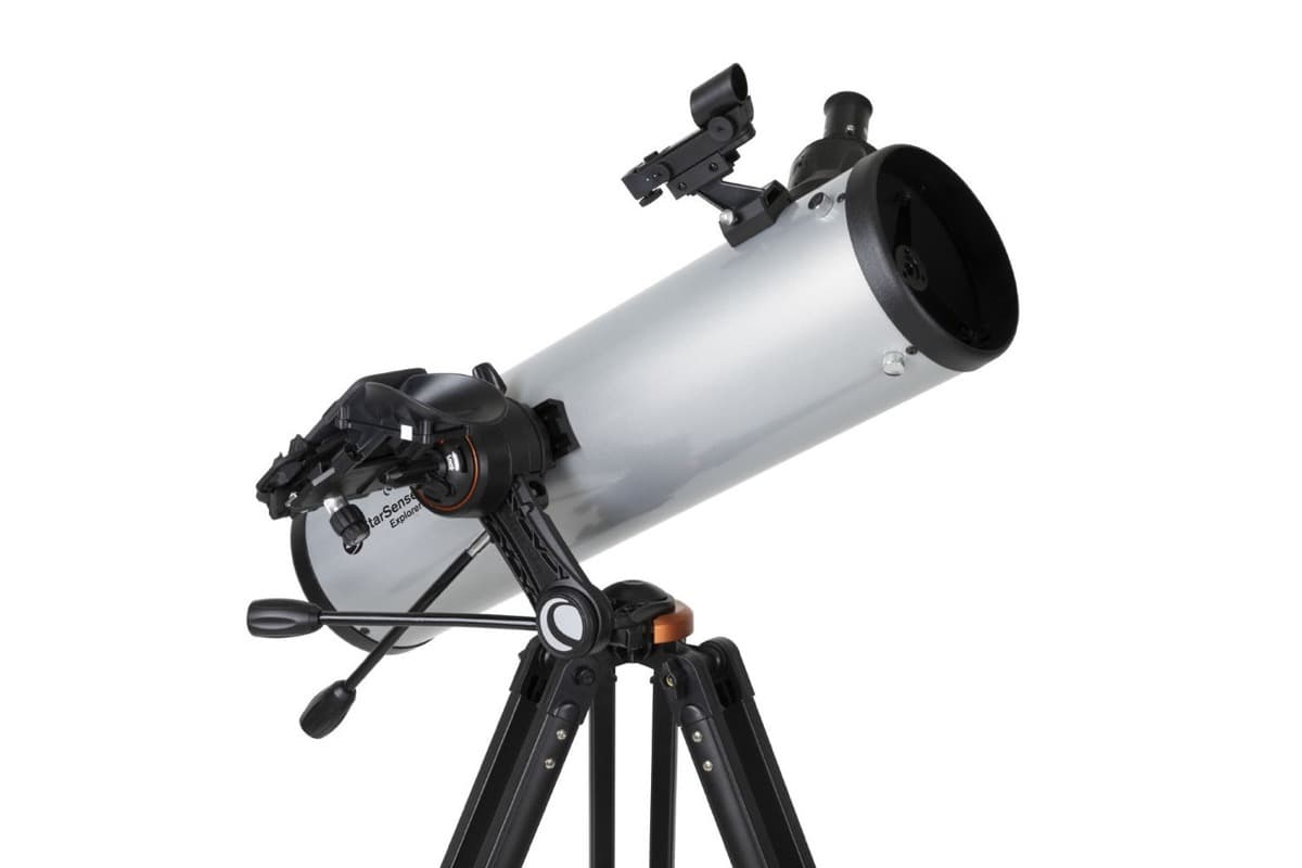 Celestron StarSense Explorer DX 130AZ telescope with smartphone dock mounted on tripod